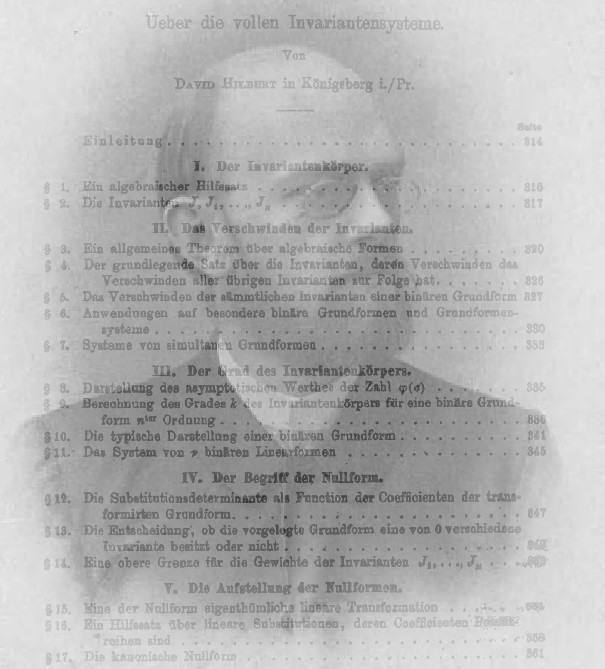 Page one of Hilbert's 1893 paper with a photo of Hilbert as background.